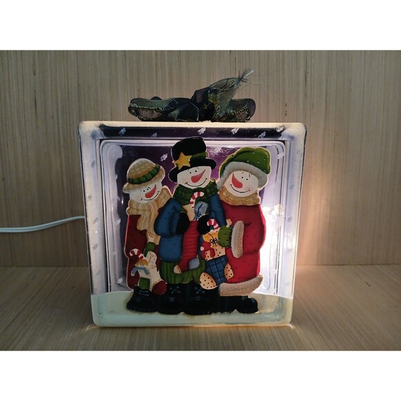 Seasons Holiday Collection Glass Light Up Christmas Present Block with Snowmen - Picture 2 of 14
